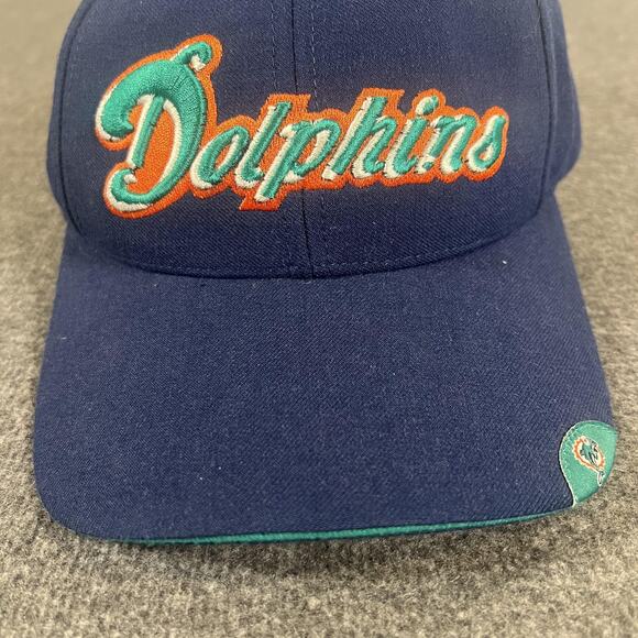 Vintage Miami Dolphins Hat Cap Strap Back Mens Blue NFL Football Script 90s - Picture 2 of 12